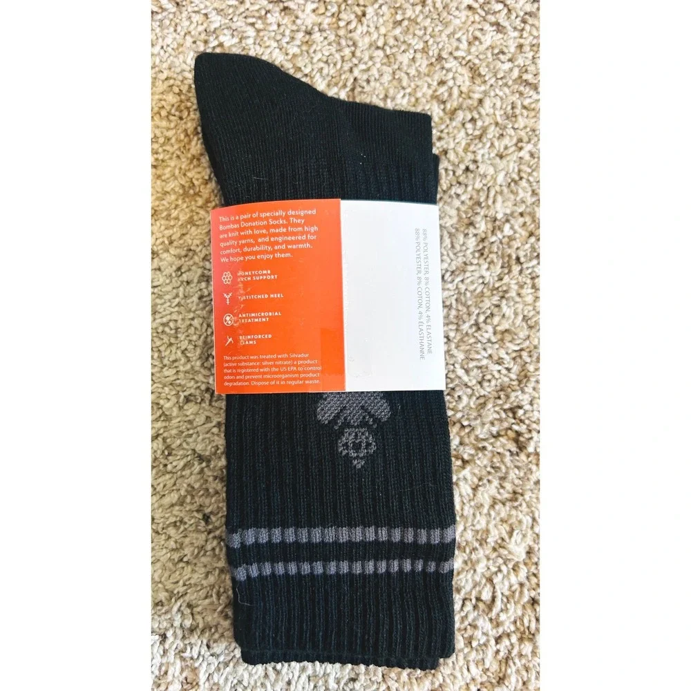 Bombas Donation Socks Black Grey Striped Crew Socks Medium Honeycomb Support
